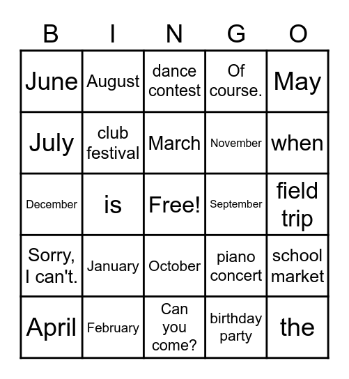 When is the club festival? Bingo Card