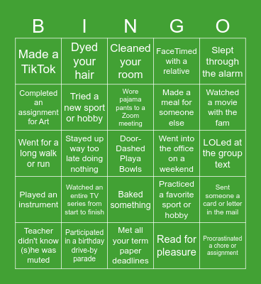Quarantine Bingo Card