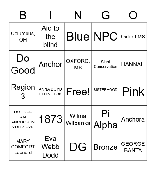 DELTA GAMMA BINGO Card