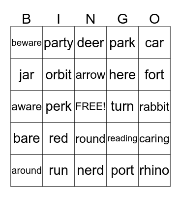 /r/ words Bingo Card