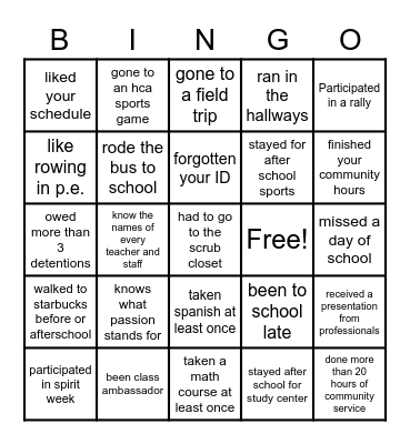 HCA General Bingo Card Bingo Card