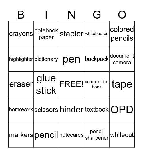 School Supplies Bingo Card