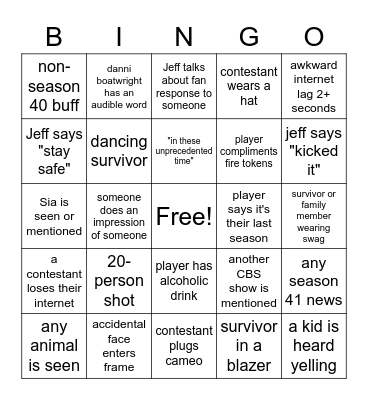 Survivor Zoom Reunion Show Bingo Card