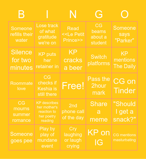 Gralms Nightly Phone Bingo Card