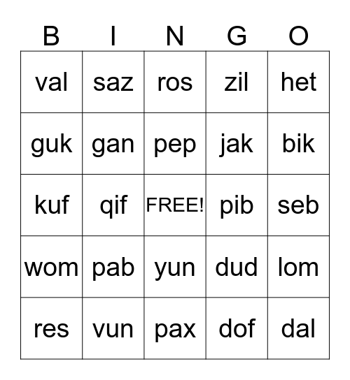 Nonsense Words  Bingo Card