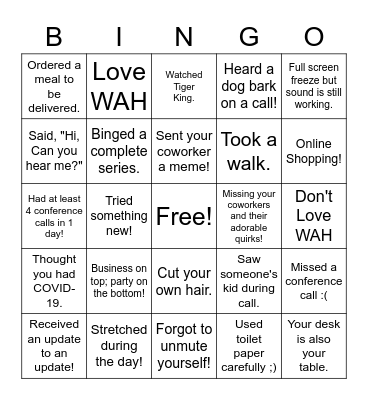 WAH/Quarantine Bingo! Bingo Card