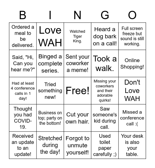 WAH/Quarantine Bingo! Bingo Card