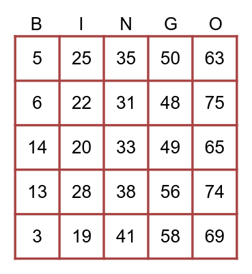 BINGO 1-75 Bingo Card