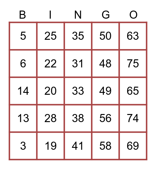 BINGO 1-75 Bingo Card