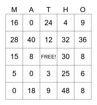Multiplication Math-O Bingo Card