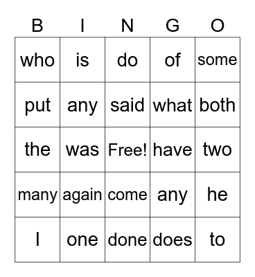 Sight Words Bingo Card
