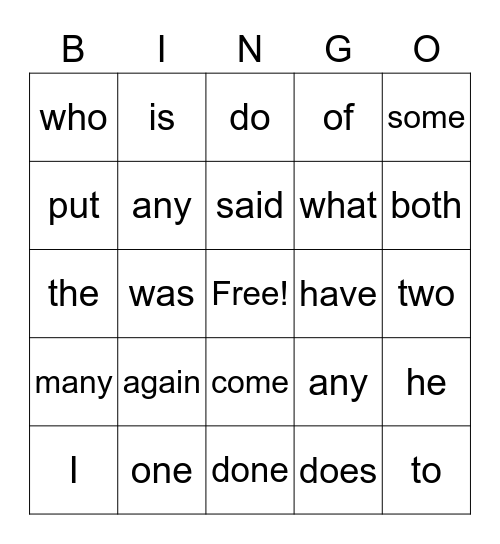 Sight Words Bingo Card