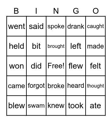 Irregular verbs bingo Card