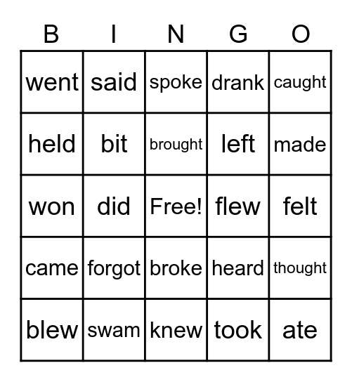 Irregular verbs bingo Card