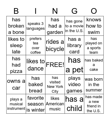 Getting to know your classmates Bingo Card