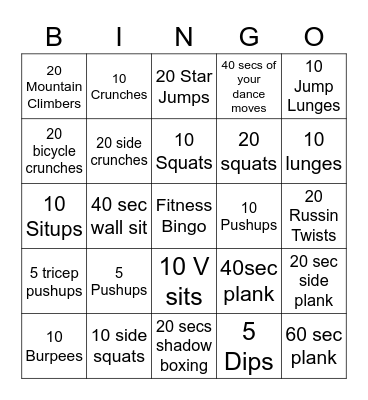 NC PDHPE Fitness Bingo Card