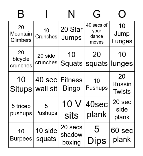 NC PDHPE Fitness Bingo Card