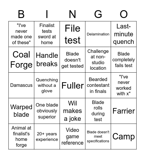 Forged in Fire Bingo Card