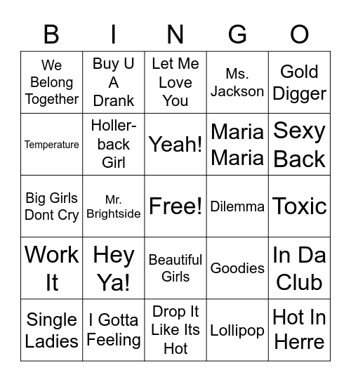 2000s Pop/Hip Hop Bingo Card