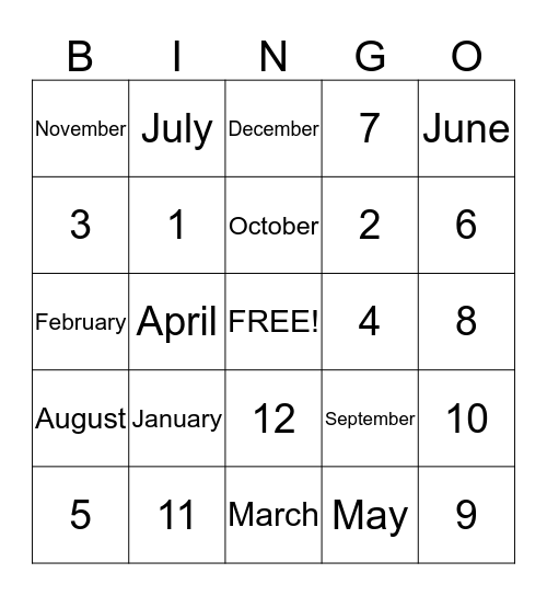 Months of the Year Bingo Card