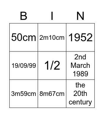 Dates and Measurements Bingo Card