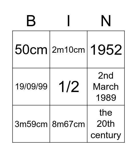 Dates and Measurements Bingo Card