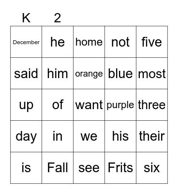 Sight Word Test Bingo Card