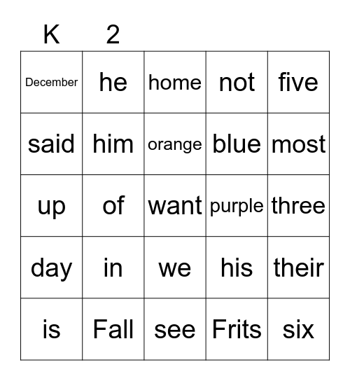 Sight Word Test Bingo Card