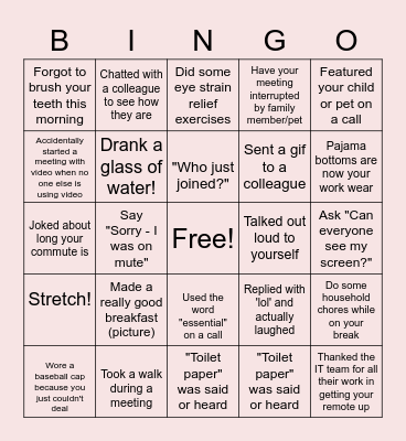 Remote Work Bingo Card