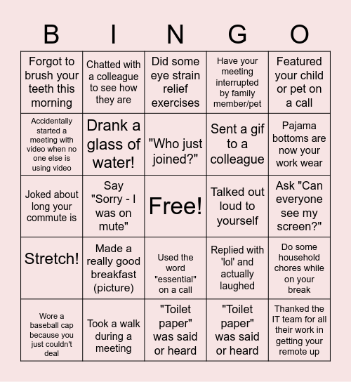 Remote Work Bingo Card