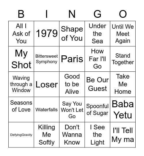 Bingo Singo! Bingo Card