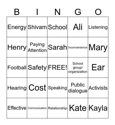 Listening  Bingo Card