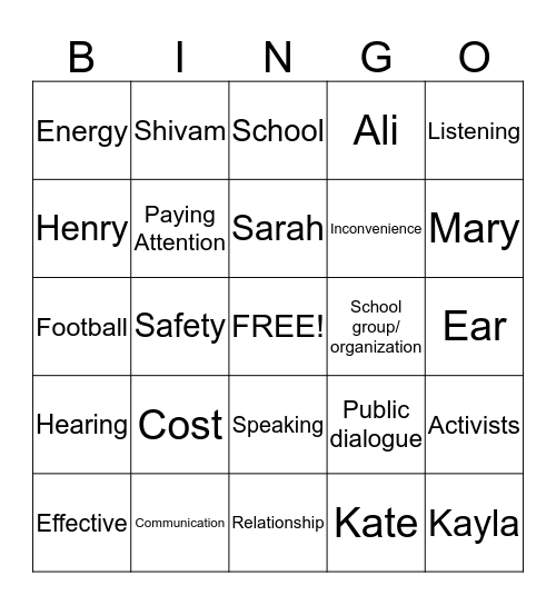 Listening  Bingo Card