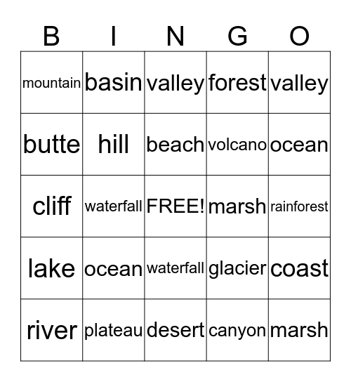 Oregon Landforms   Bingo Card