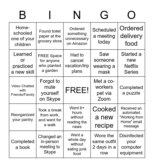 COVID-19 Bingo Card