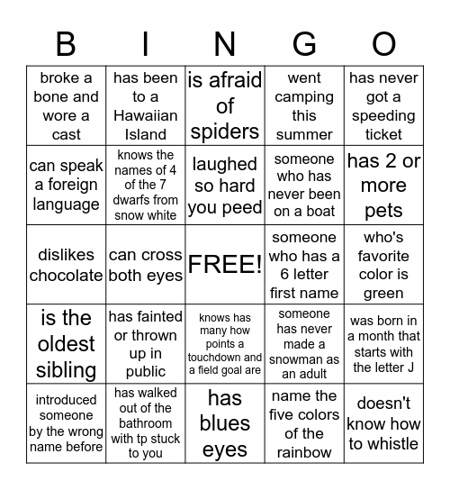 GET TO KNOW YOU Bingo Card