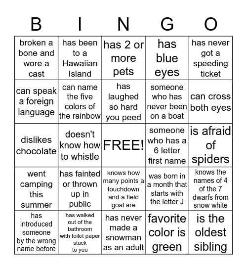 GET TO KNOW YOU Bingo Card