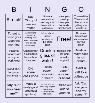 Remote Work Bingo Card