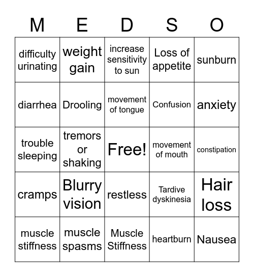 Side Effects Bingo Card