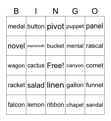 Adam & Landen 3.1 Schwa Bingo Card