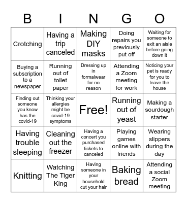 Coronavirus Experiences Bingo Card