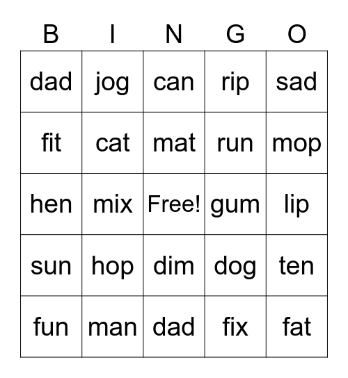 CVC WORDS Bingo Card