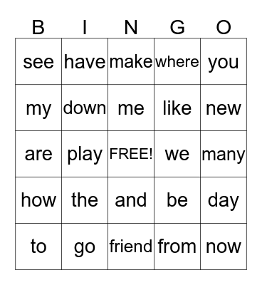 sight words Bingo Card
