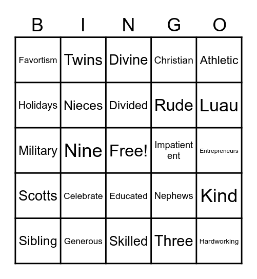 Dysfunctional Family Bingo Card