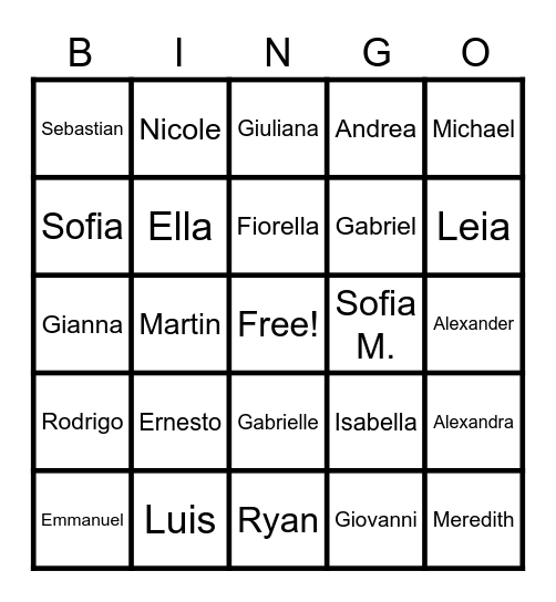 My Classmates Bingo Card