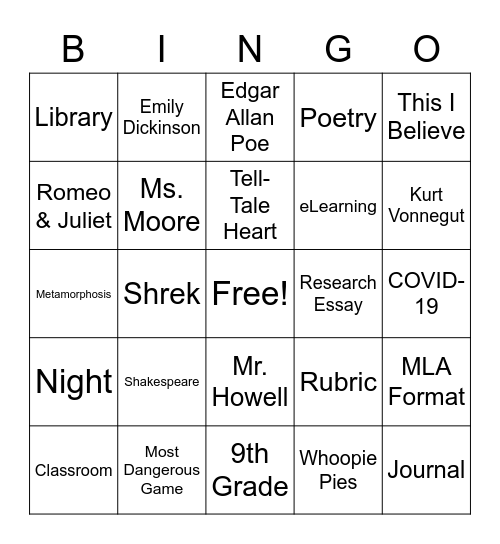 Mrs. Hall 9th Grade English Bingo Card