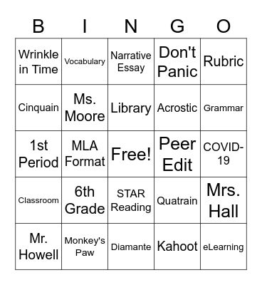 Mrs. Hall's 6th Grade English Bingo Card