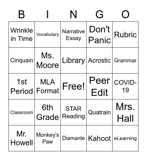 Mrs. Hall's 6th Grade English Bingo Card