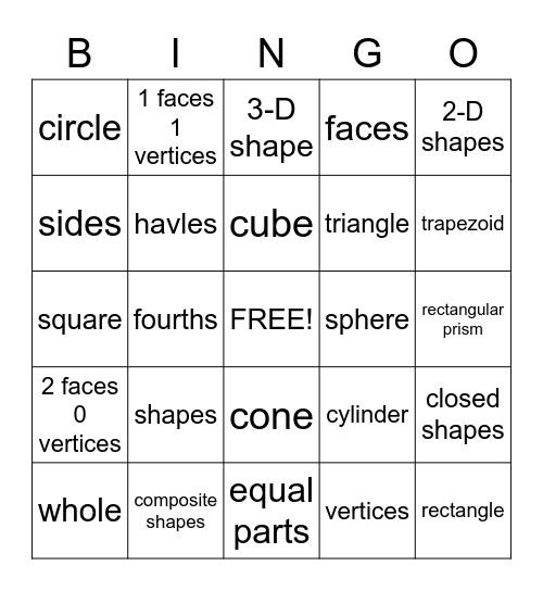 Shapes (Words only) Bingo Card