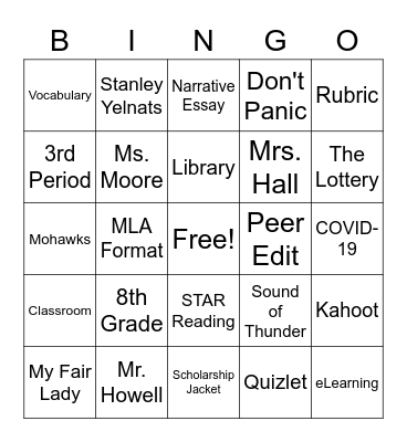 Mrs. Hall's 8th Grade English Bingo Card